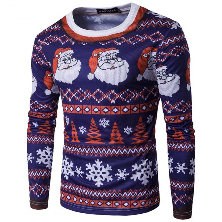 New Style Men's Fashion 3D Santa Claus Round Neck Long Sleeve Slim Printed T-Shirt