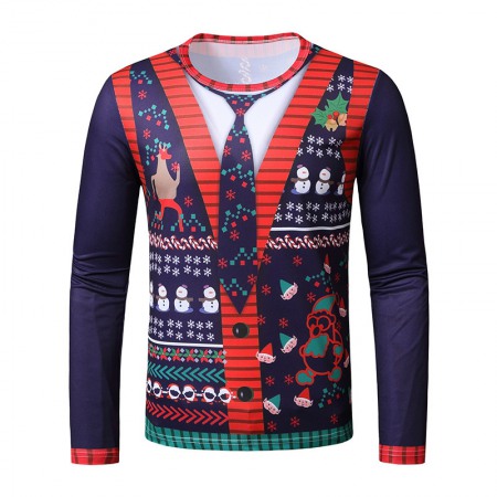 New 3D Personality Fake Two-Piece Printing Fashion Men's Christmas Long-Sleeved T-Shirt